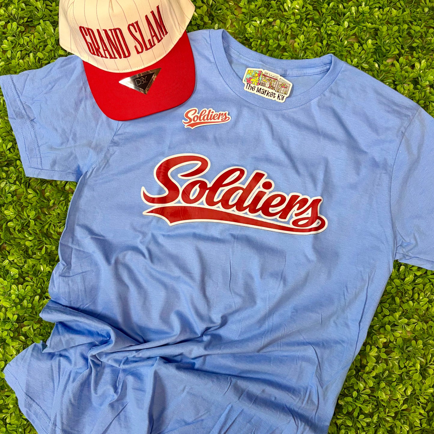 Soldiers Varsity Script Tee - Carolina Blue/Red