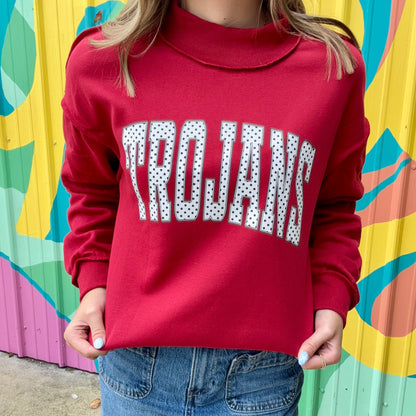 Trojans Black & White Polka Dot Mock Neck Crewneck - Ruby Red