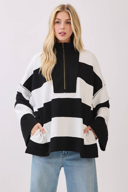 Varsity Stripe Zip Pullover: BURGUNDY/WHITE / S