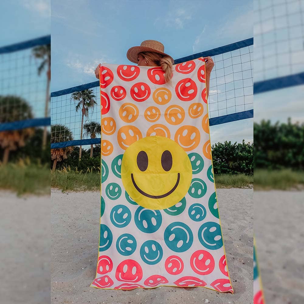 Happy Face Repeat Pattern Beach Quick Dry Towel: Rainbow / OS