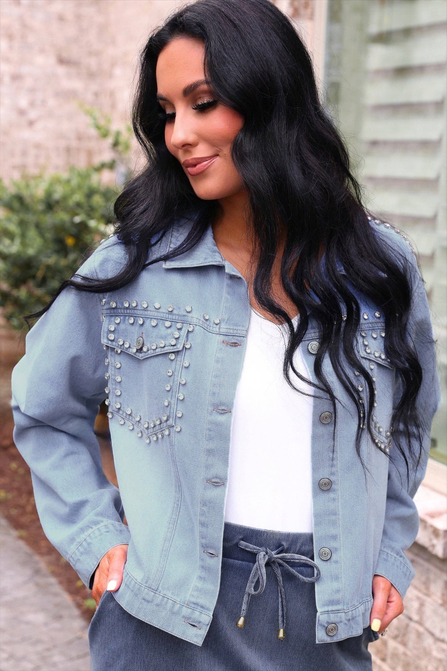 Stella Rhinestone Denim Jacket: Light Denim