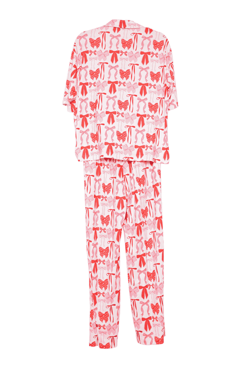 Pink & Red Coquette Bows Pajama Pants Set: Size- XL