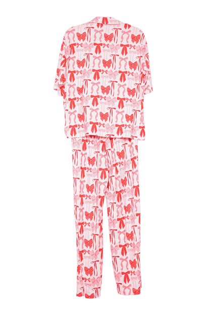Pink & Red Coquette Bows Pajama Pants Set: Size- XL