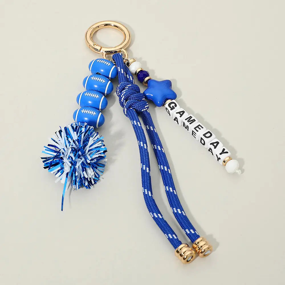 Gameday Star Football Tinsel Tassel Keychain/Bag Charm - Blue/White
