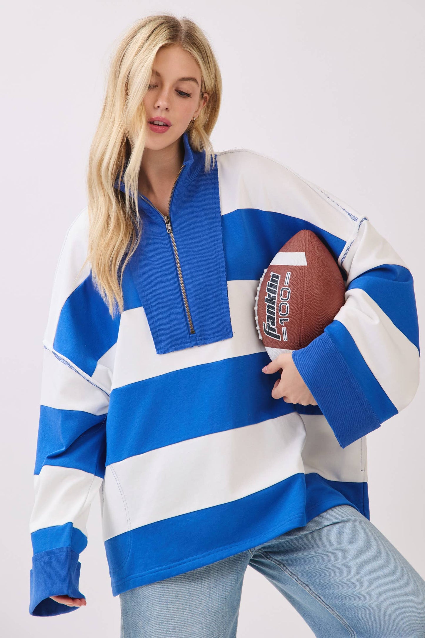 Varsity Stripe Zip Pullover: ROYAL/WHITE / S