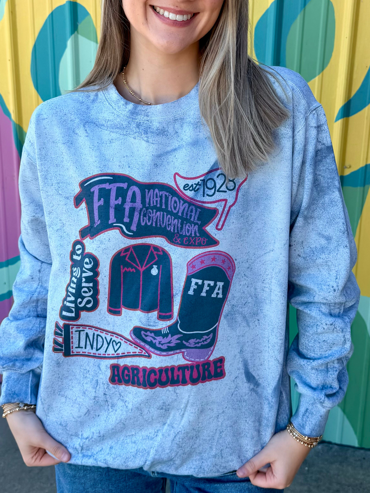 Officially Licensed National FFA Convention Comfort Colors Acid Wash Crewneck Sweatshirt - Pink & Blue