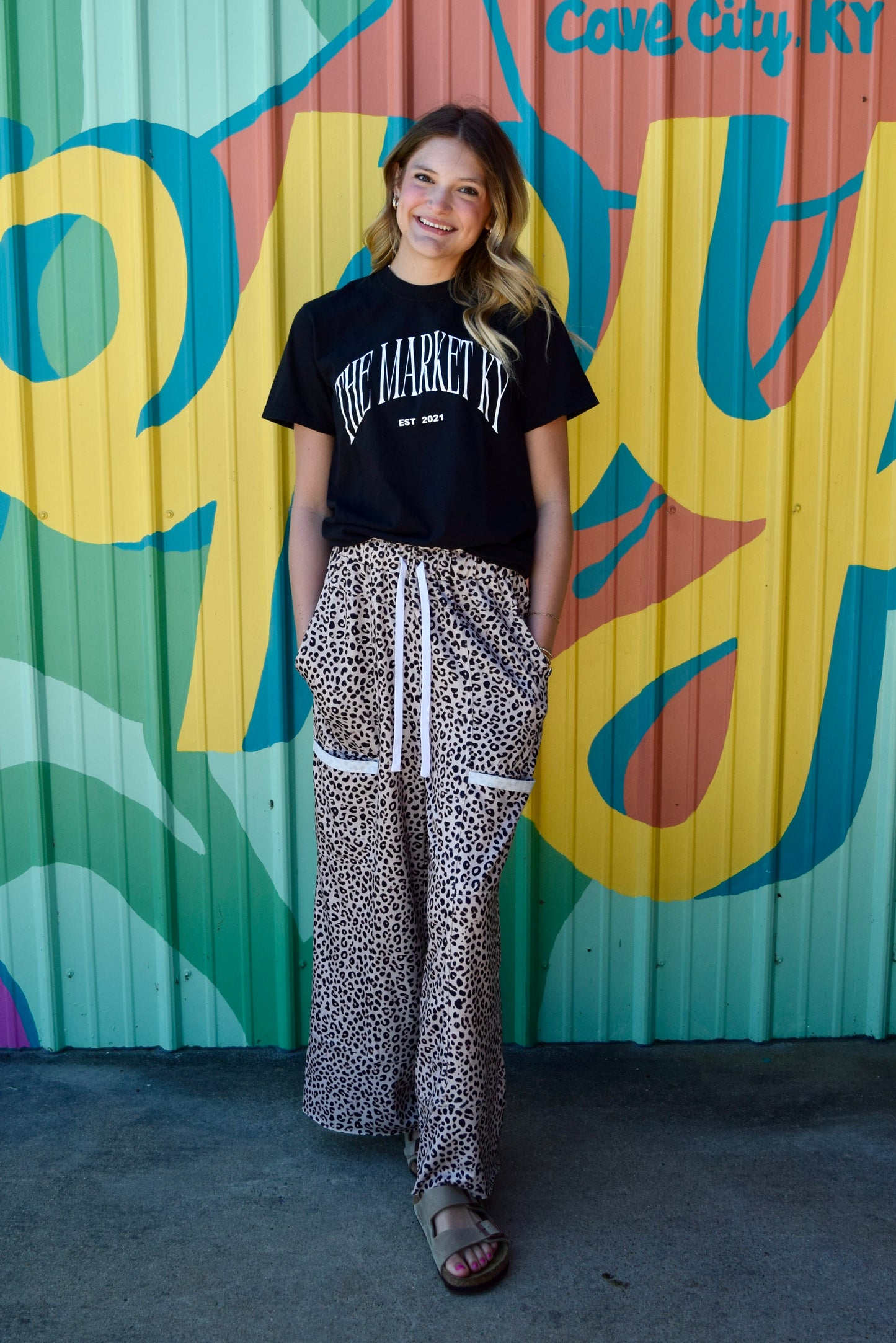 Leopard Animal Print Wide Leg Terry Knit Pants: Khaki