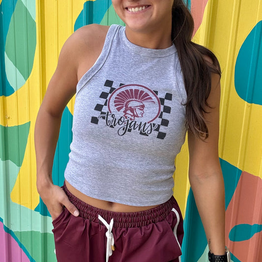 Trojans Checkered Cropped Racer Back Tank Top