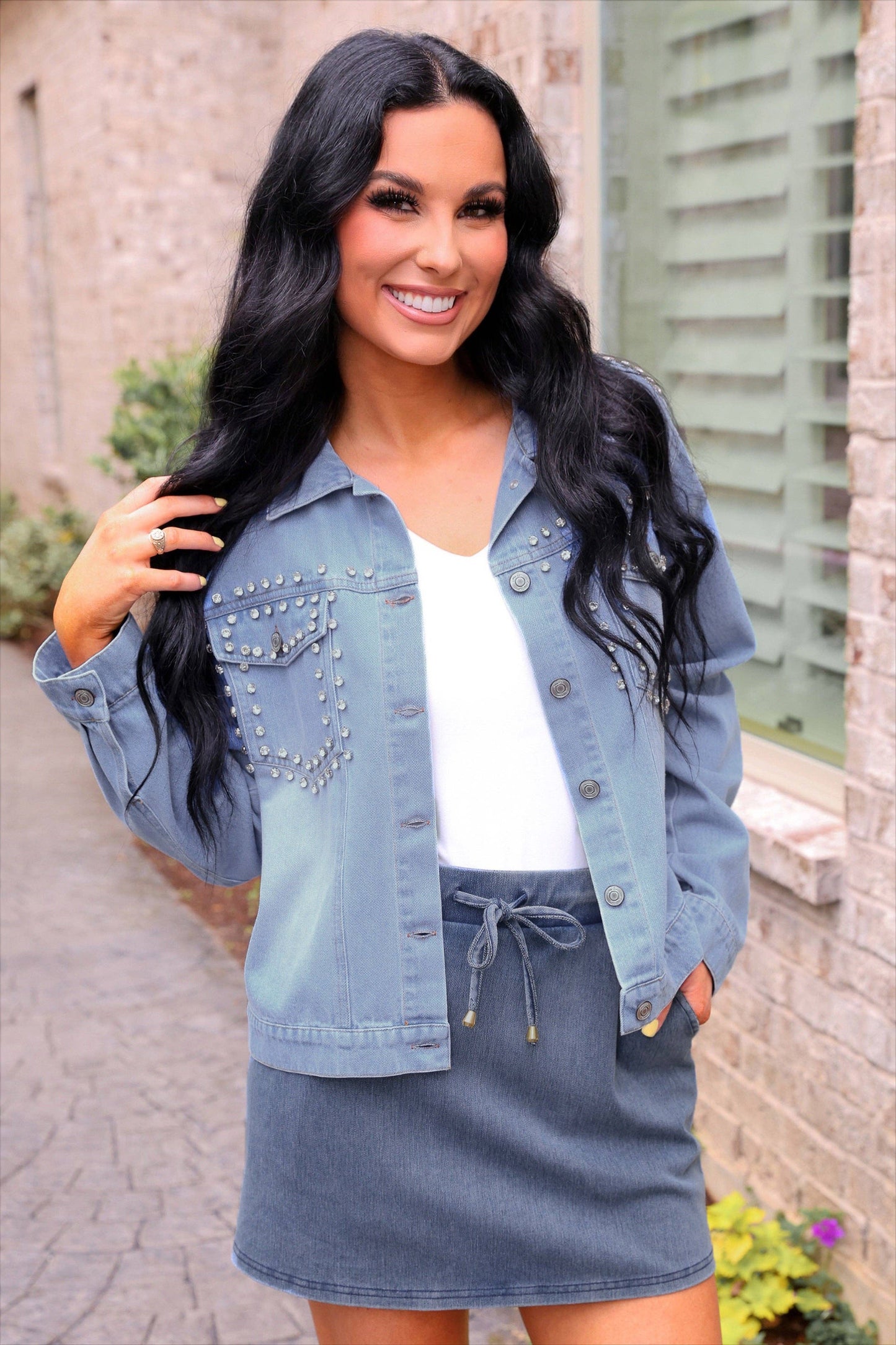 Stella Rhinestone Denim Jacket: Light Denim