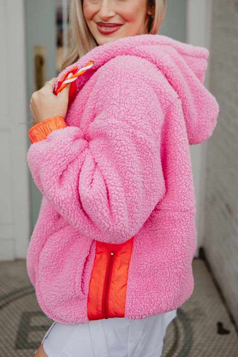 Pink Two-Toned Sherpa Fleece Pullover: Pink