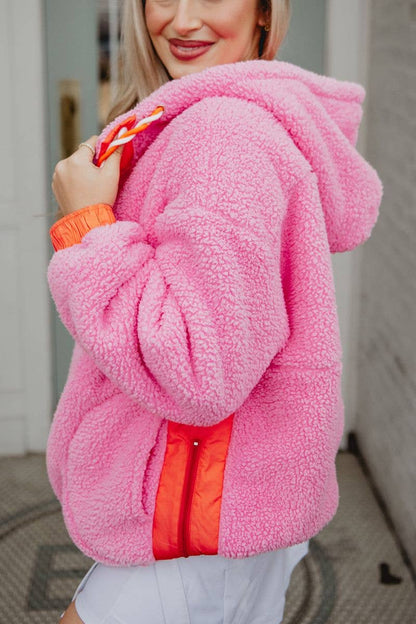 Pink Two-Toned Sherpa Fleece Pullover: Pink