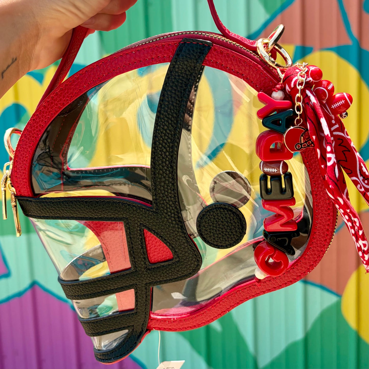 Gameday Football Helmet Charm Bandana Keychain/Bag Charm - Red/Black