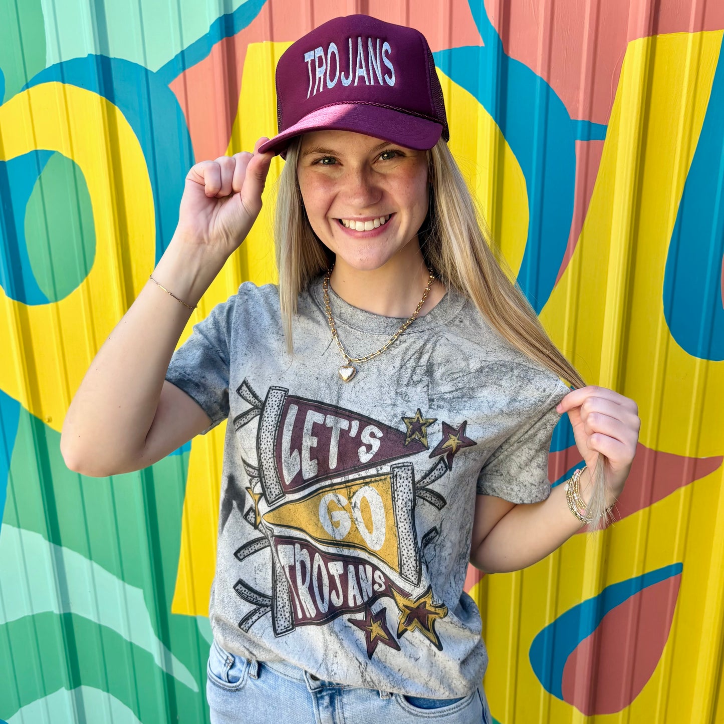 Trojans Pennants Acid Wash Comfort Colors Tee- Grey