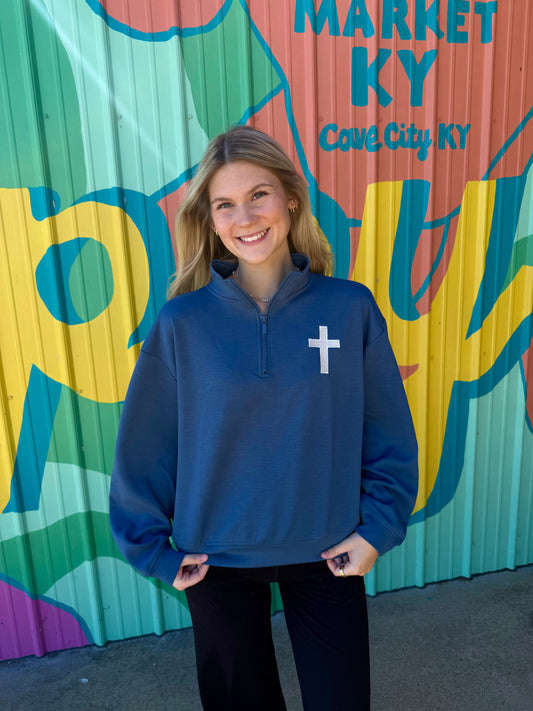 Cross Outline Embroidered Scuba Quarter Zip Sweatshirt