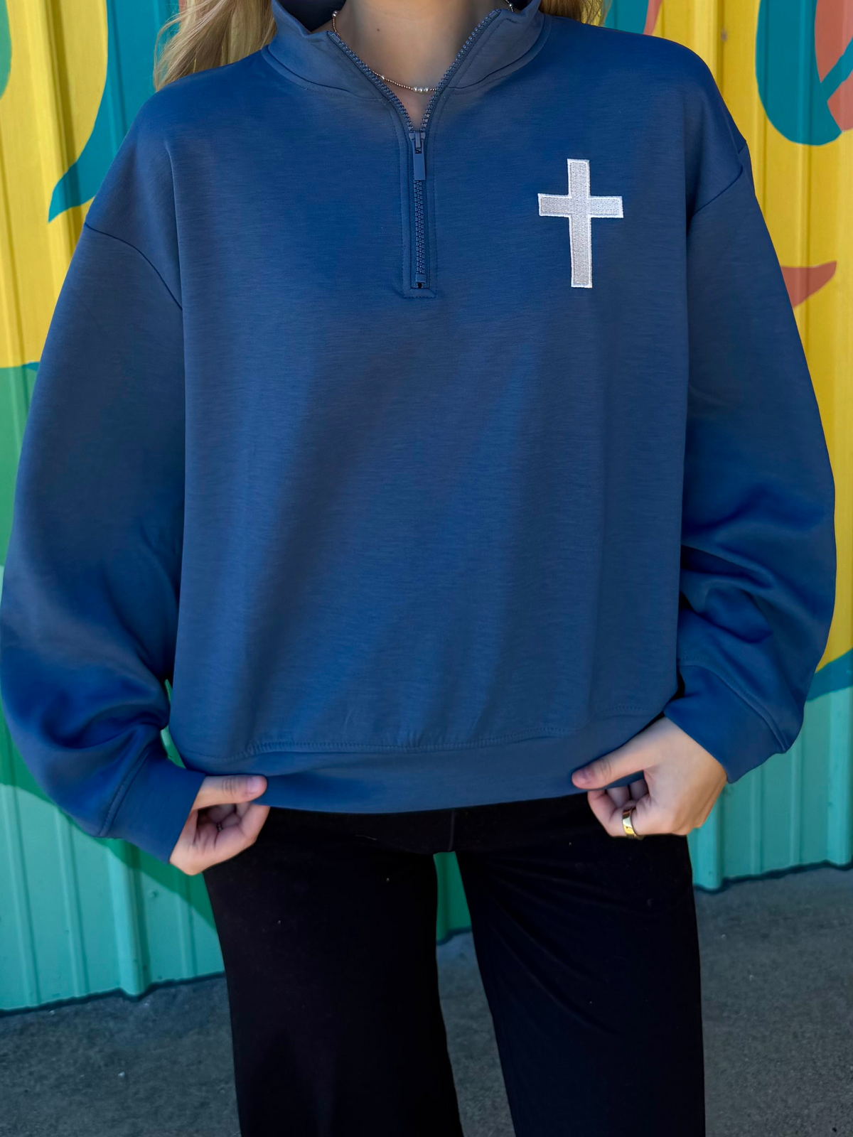Cross Outline Embroidered Scuba Quarter Zip Sweatshirt