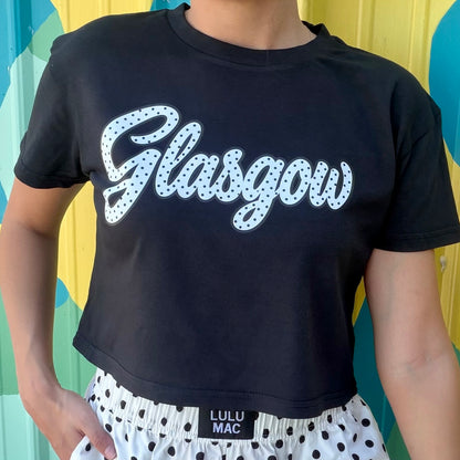 Glasgow Polka Dot Script Crop Tee - Black