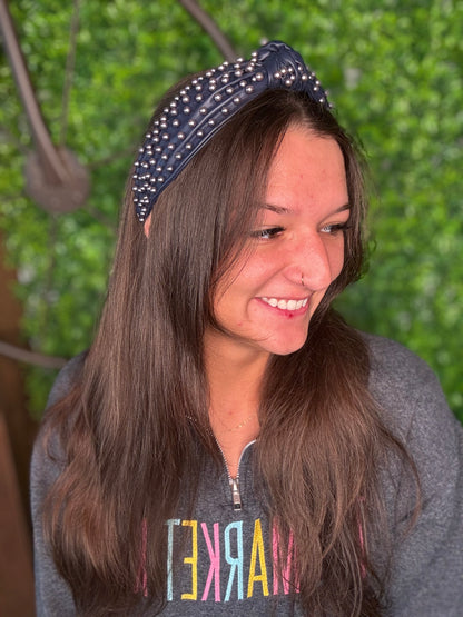 Navy Leather w/ Pearls Headband