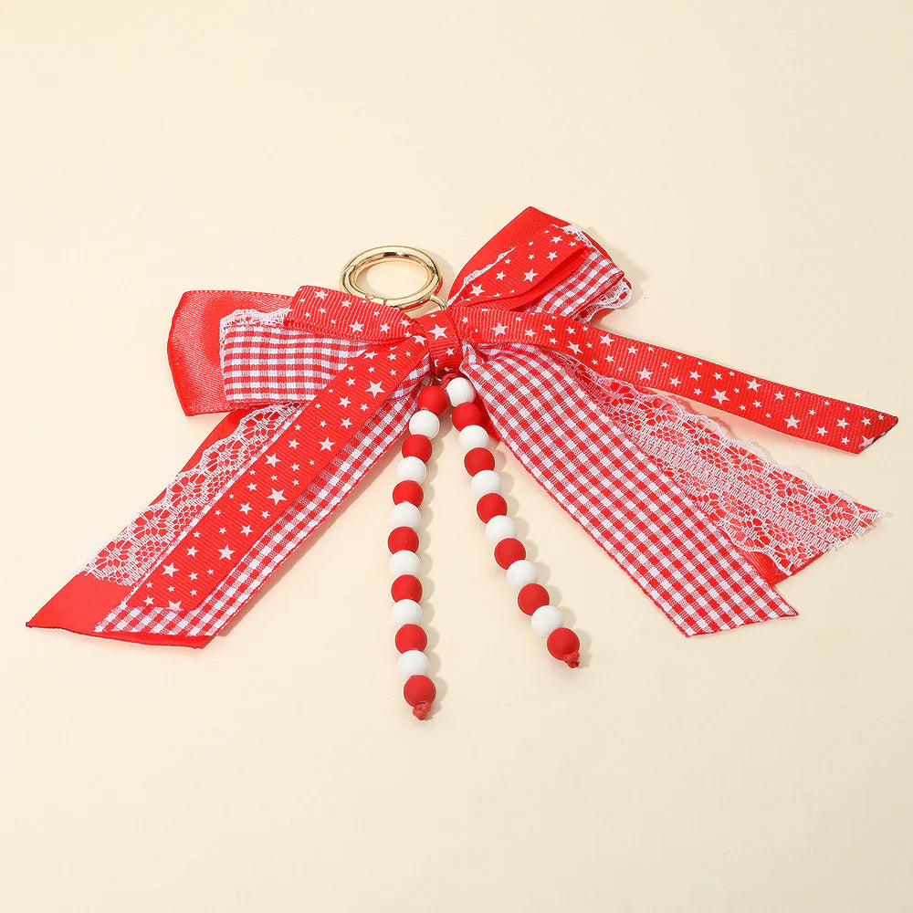 Gameday Triple Layered Bow Bag Charm/Keychain - Red/White