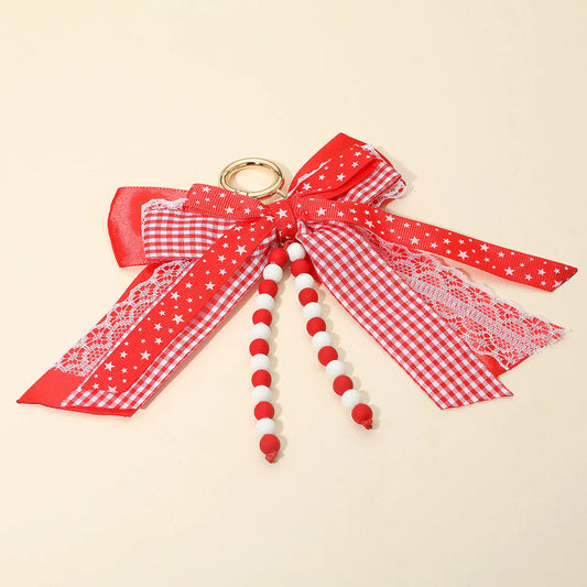 Gameday Triple Layered Bow Bag Charm/Keychain - Red/White