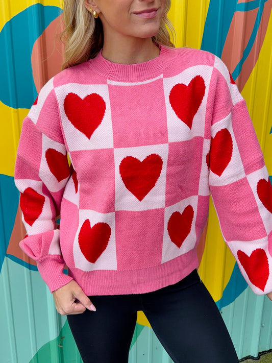 Love Heart Block Mock Neck Valentine Sweater