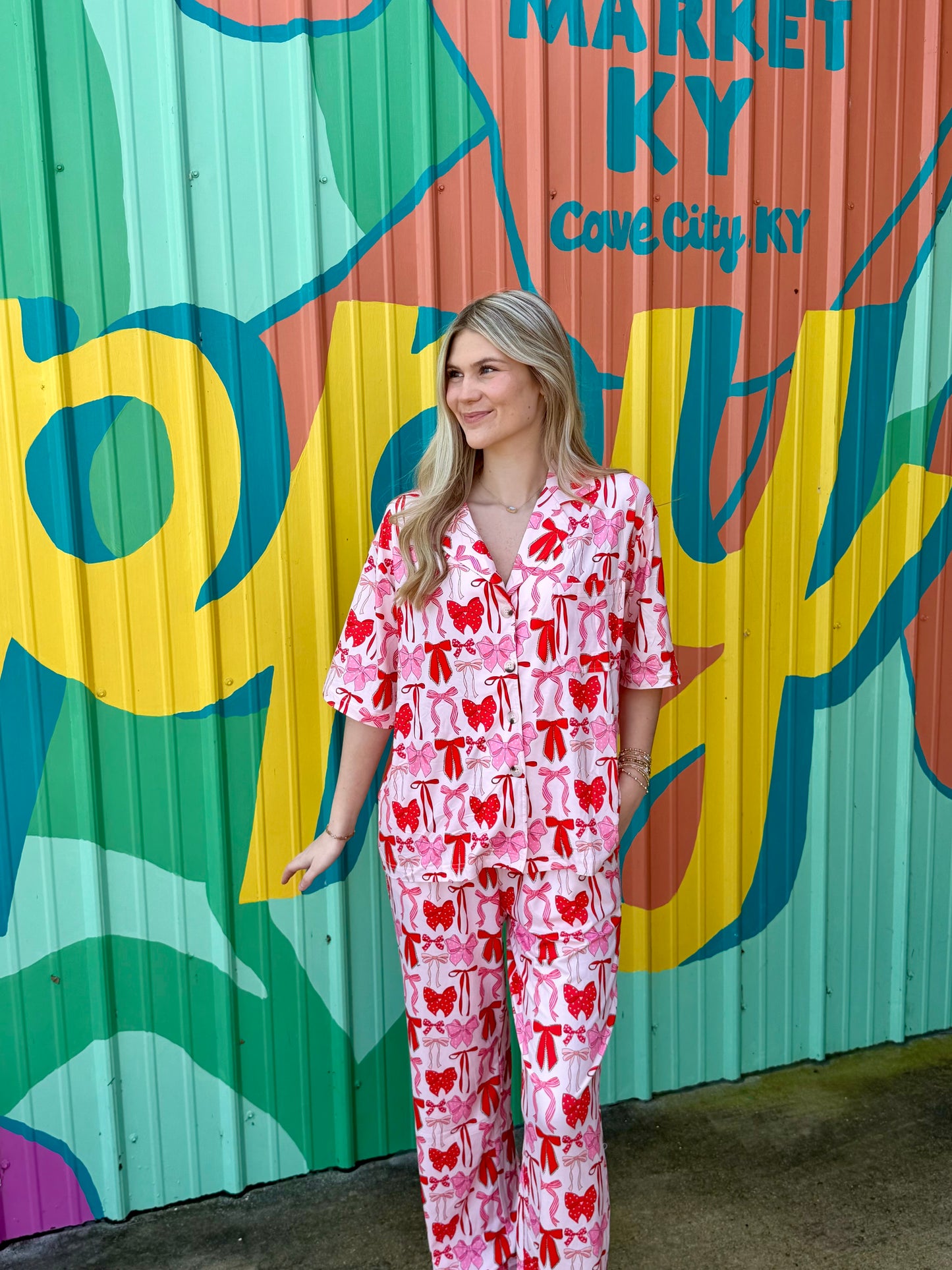 Pink & Red Coquette Bows Pajama Pants Set: Size- Medium