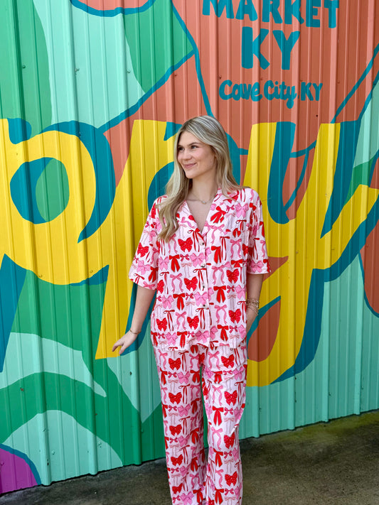 Pink & Red Coquette Bows Pajama Pants Set: Size- Large