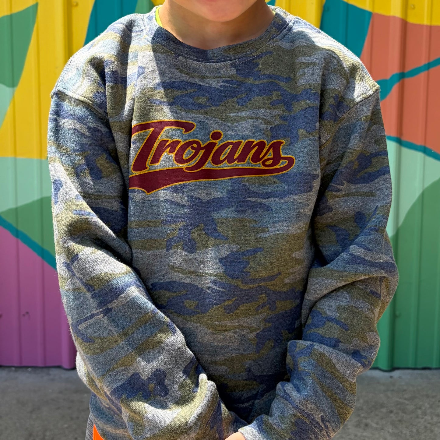 Trojans Varsity Script Youth Camo Sweatshirt