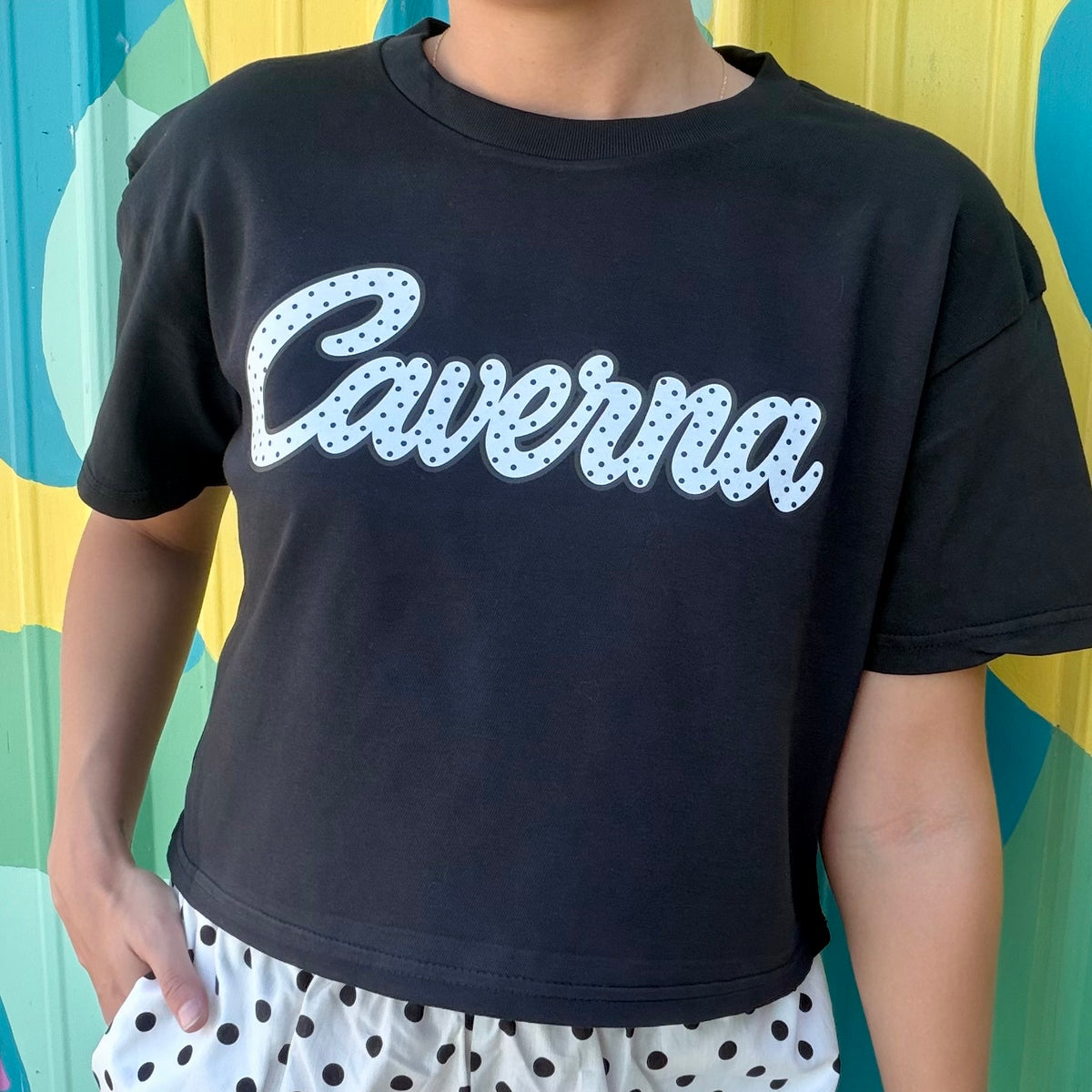 Caverna Polka Dot Script Crop Tee - Black