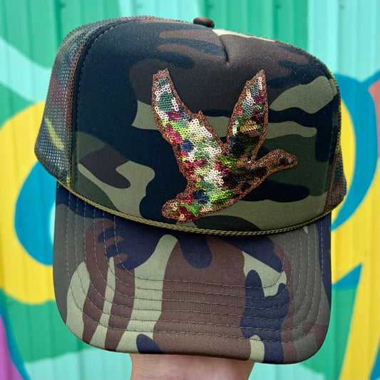 Sequin Mallard Foam Trucker Hat- Classic Camo