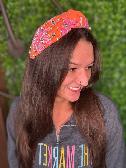 Orange & Pink Rhinestone & Pearls Headband