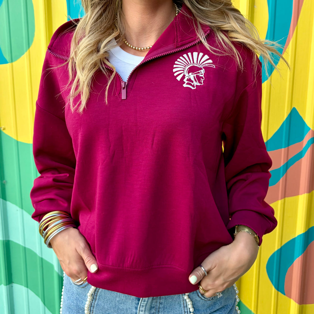 Trojan Mascot Embroidered Scuba Quarter Zip Sweatshirt - Burgundy