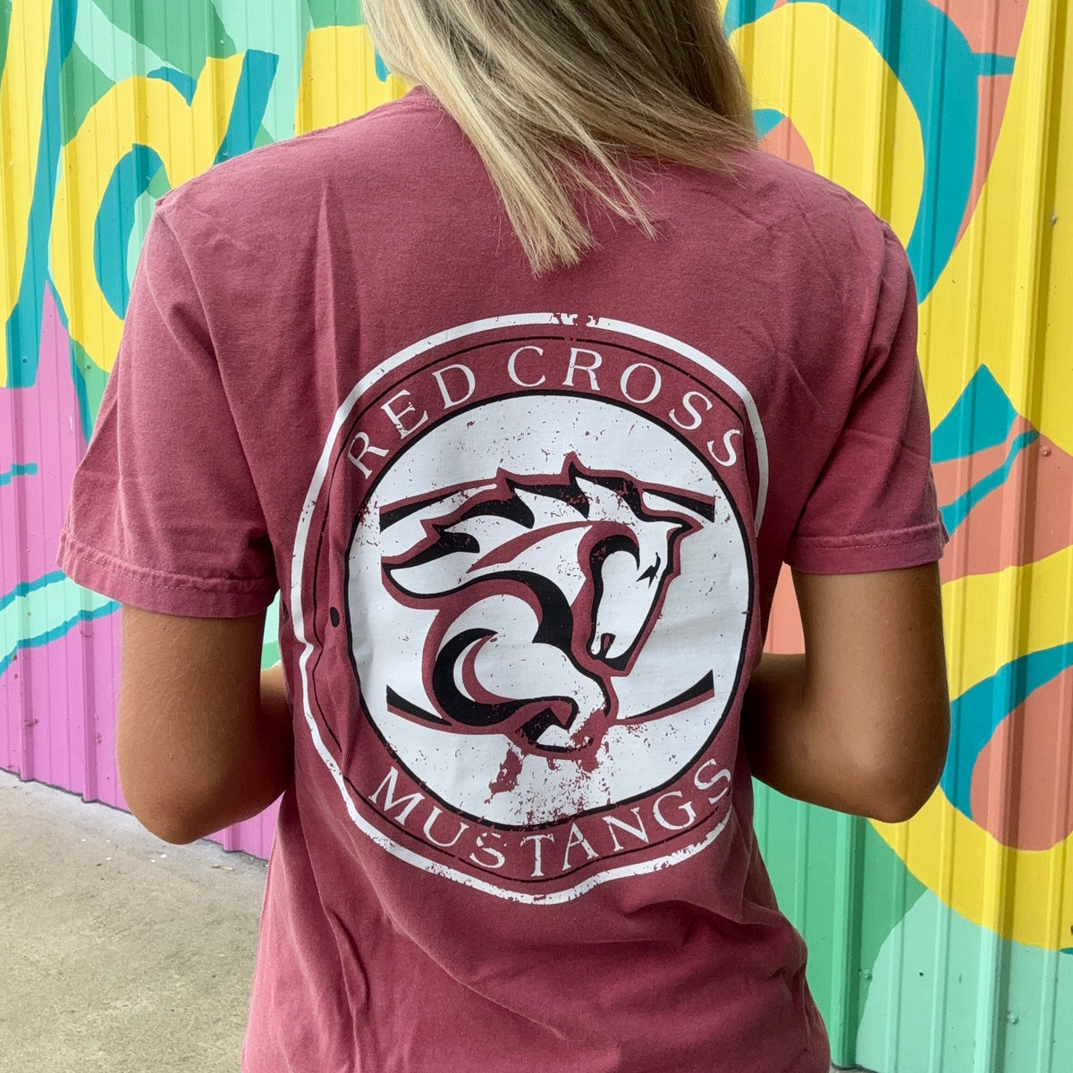 Distressed Red Cross Mustangs Comfort Colors Tee (Youth & Adult)