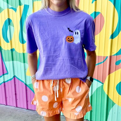 Gameday Ruffle Hem Polka Dot Poplin Shorts- Orange/White