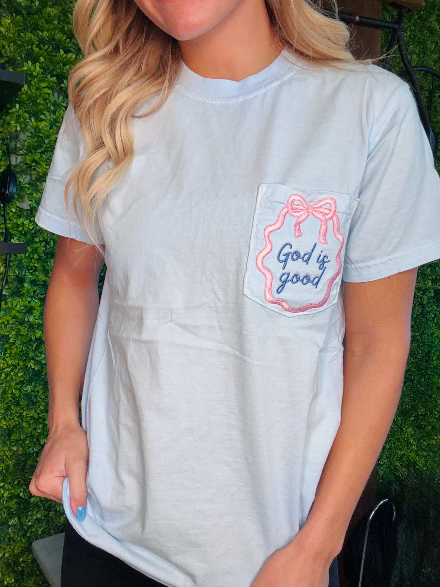 God is Good Embroidered Pocket Comfort Colors Tee