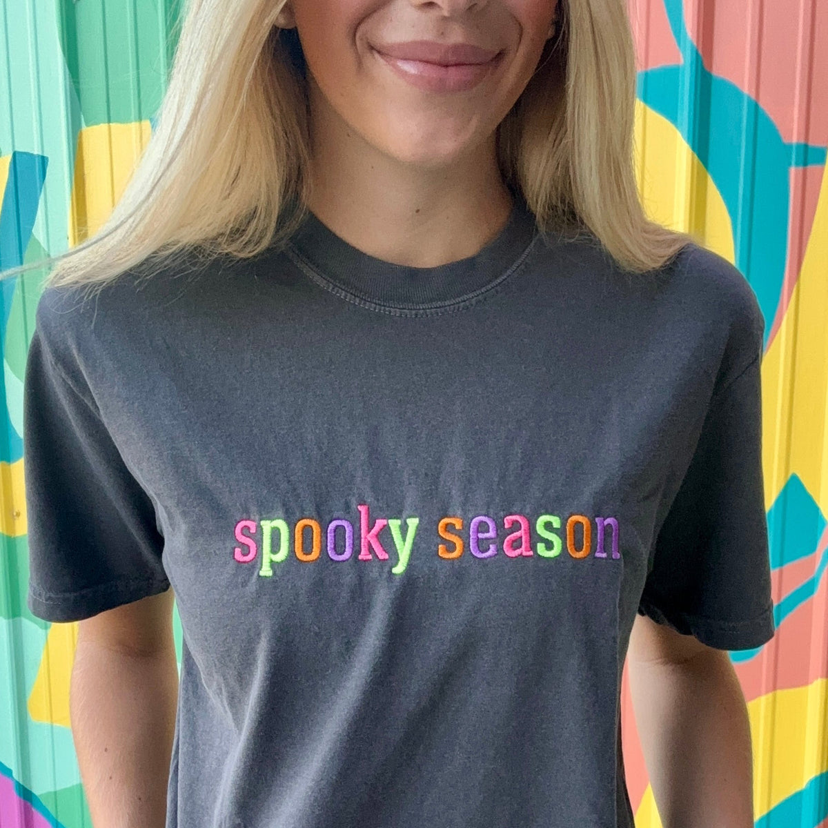 Spooky Season Embroidered Comfort Colors Tee - Pink/Orange/Green/Purple
