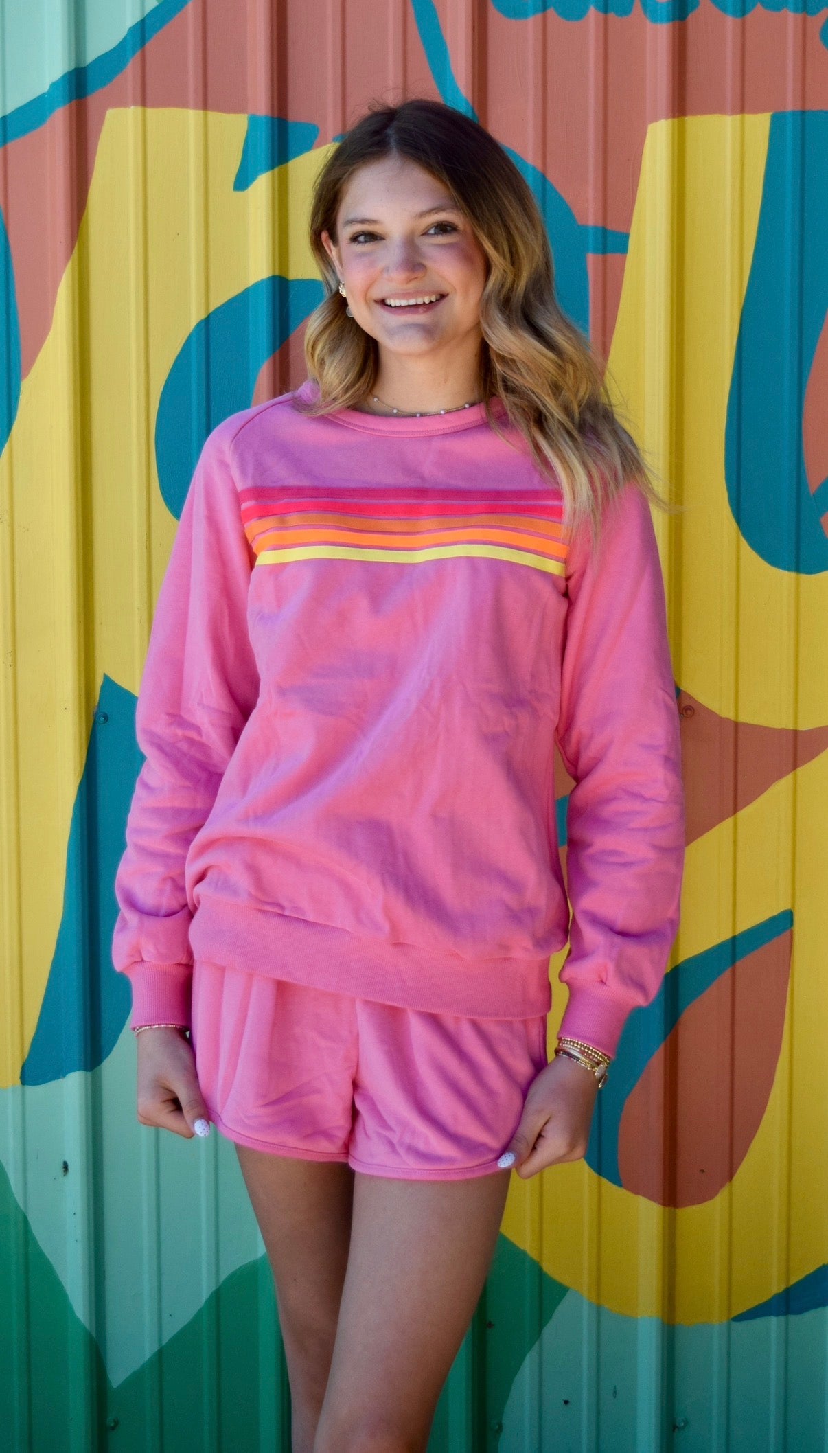 Pink Colorful Striped Short Set