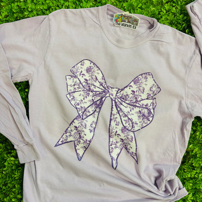 Purple Floral Bow Comfort Colors Long Sleeve Tee