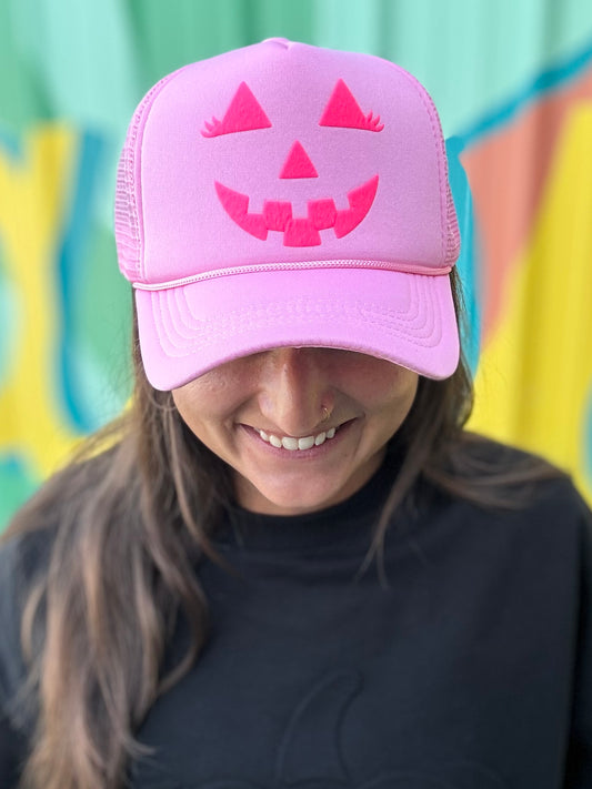 Puff Jack-O-Lantern Trucker Hat- Pink