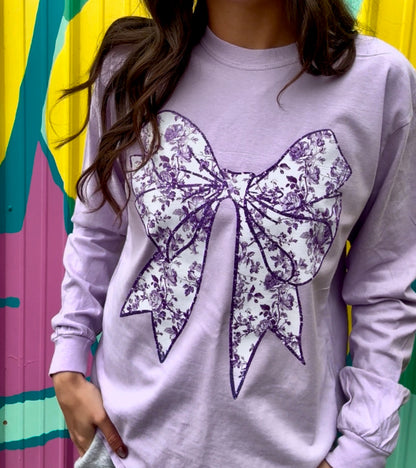 Purple Floral Bow Comfort Colors Long Sleeve Tee