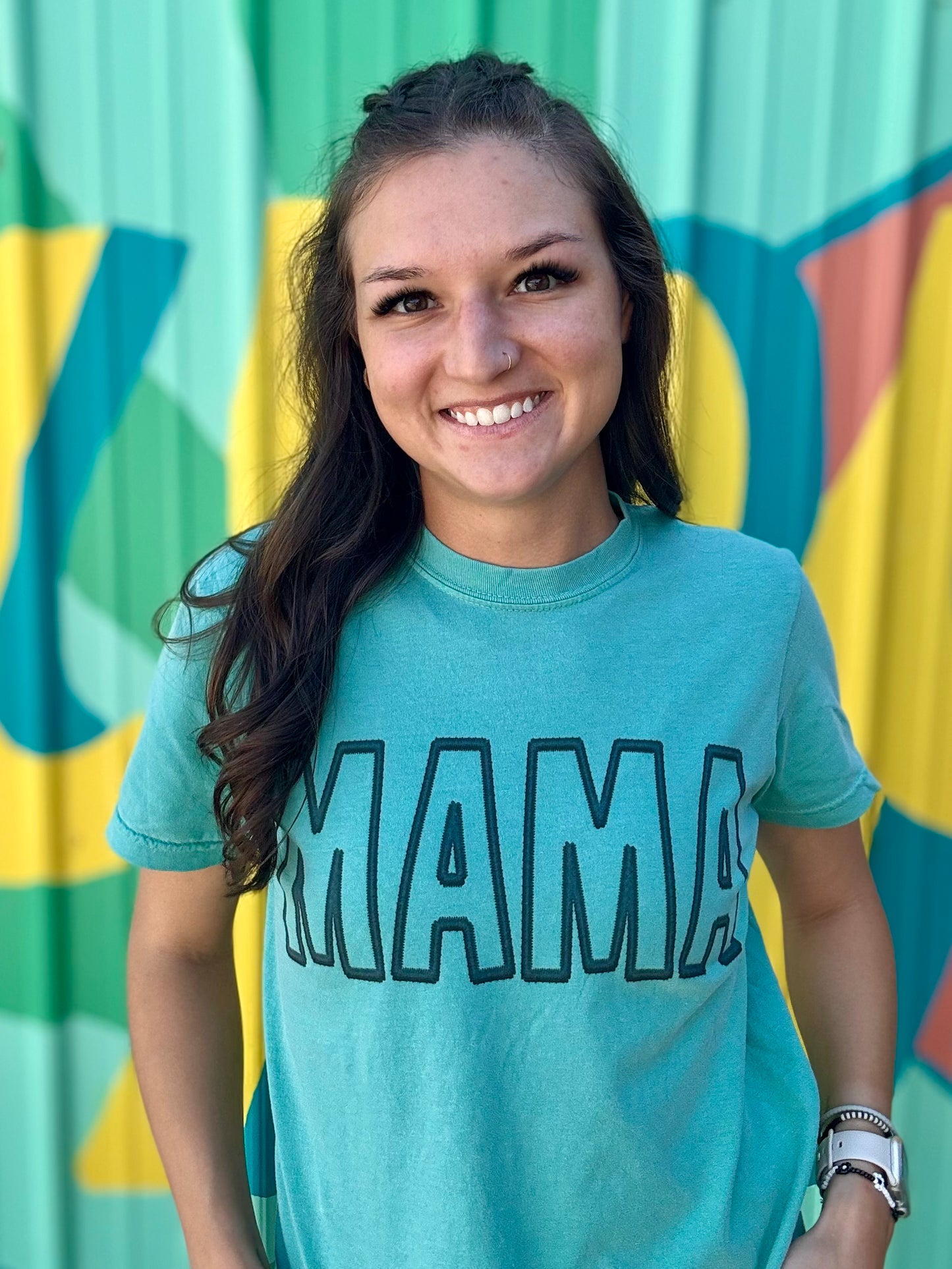 Mama Faux Embroidery Comfort Colors Tee- Seafoam