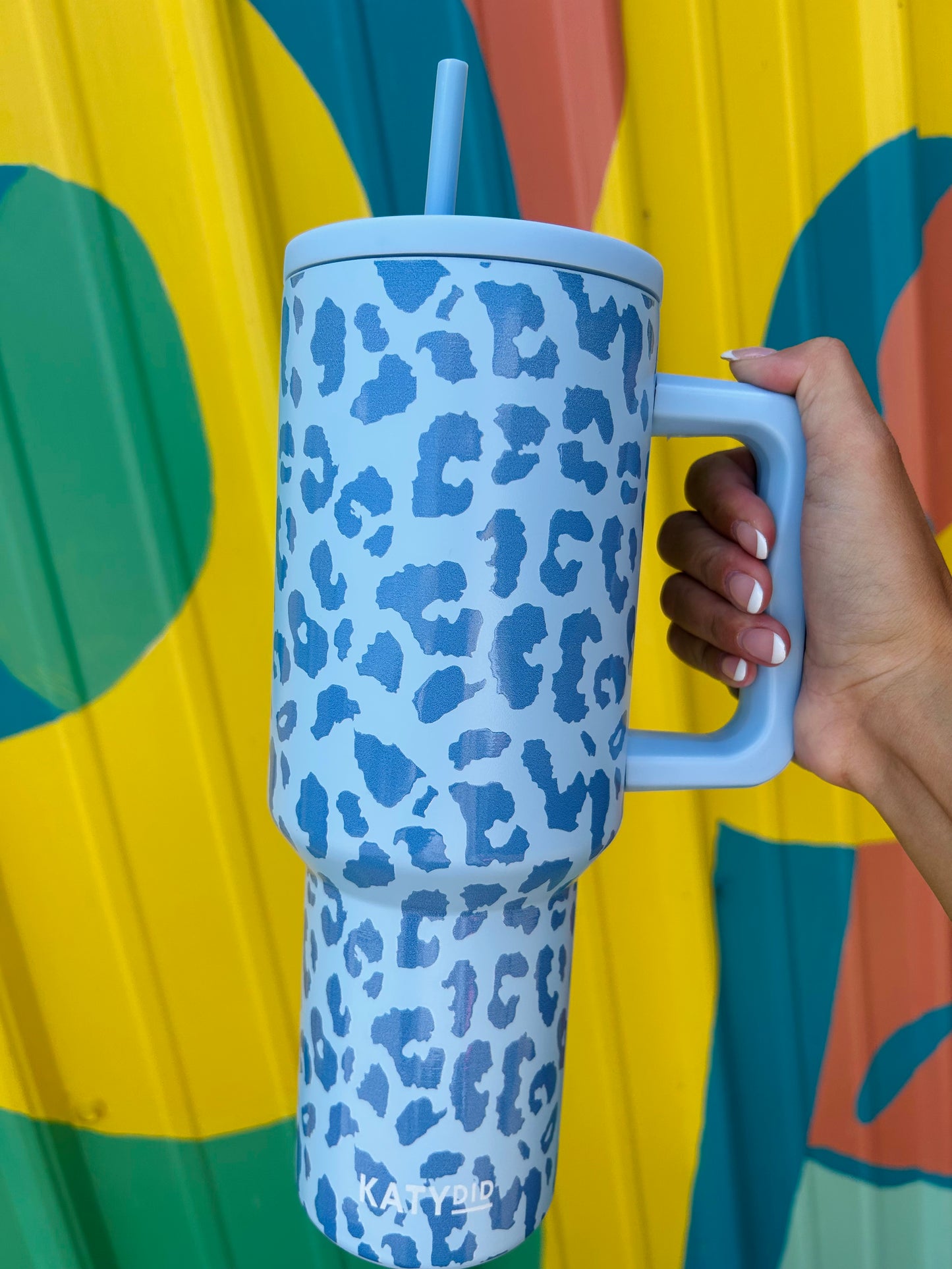 Light Blue Leopard Tumbler w/ Handle