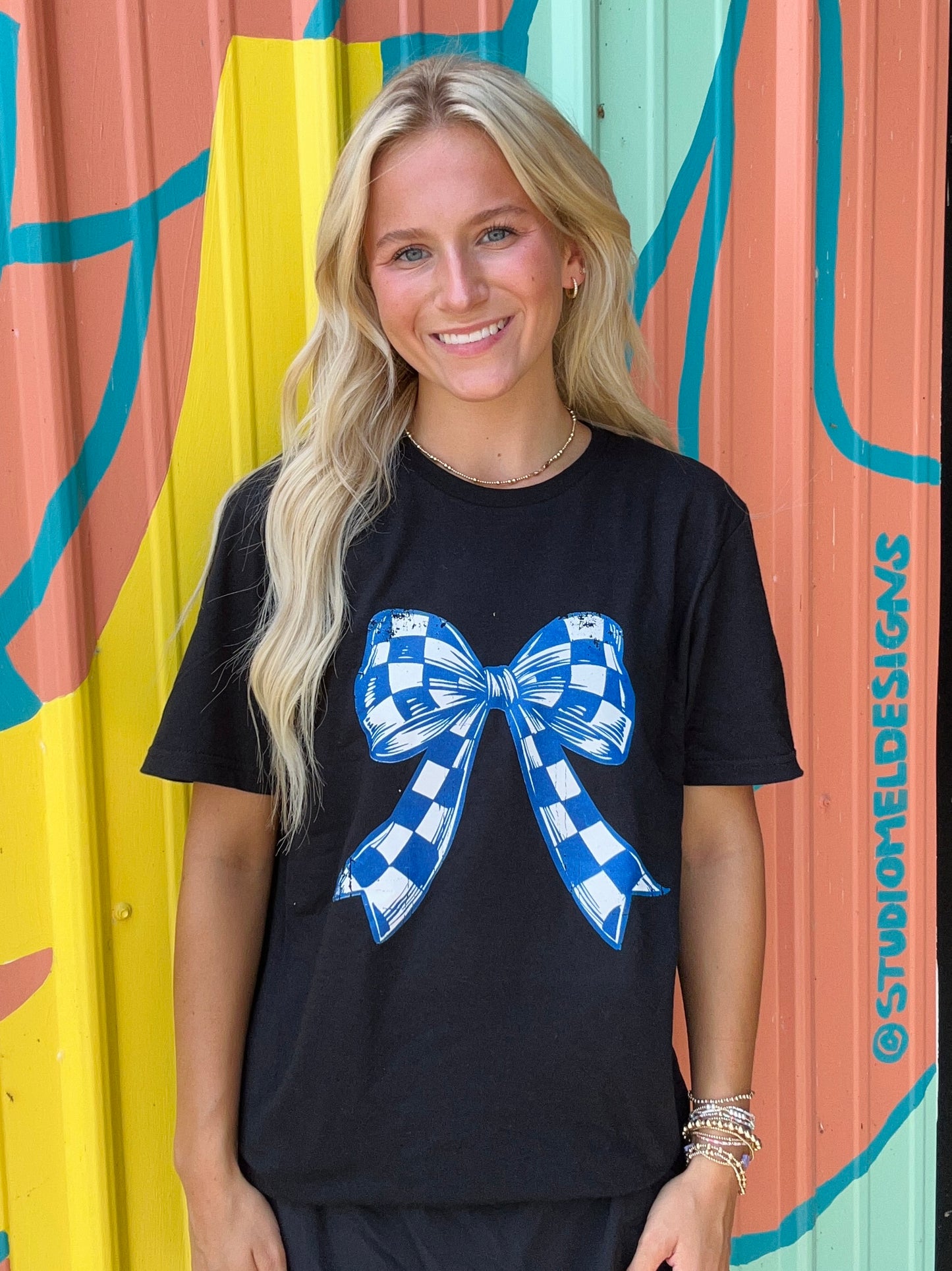 Blue and White Bow Tee