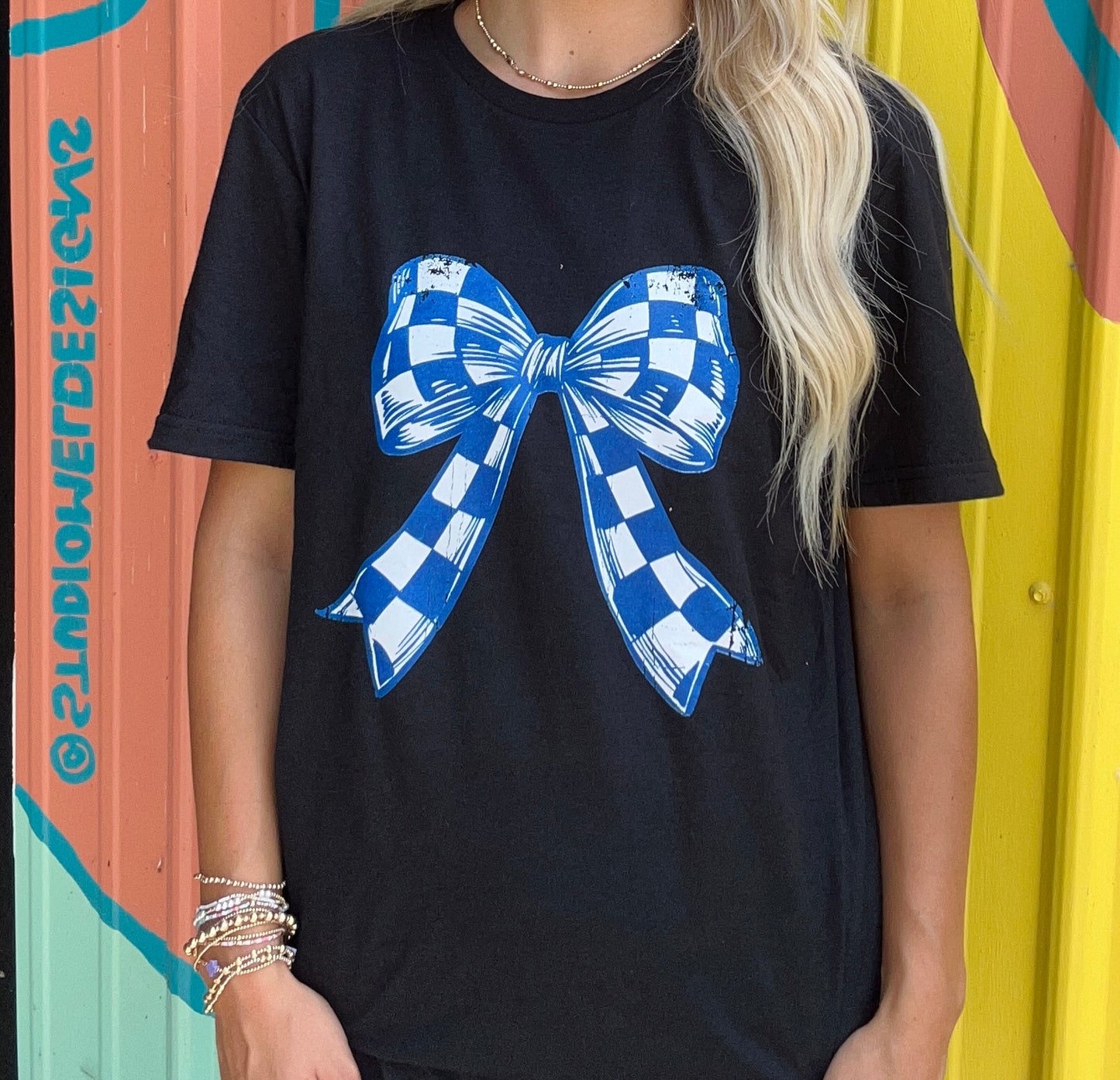 Blue and White Bow Tee