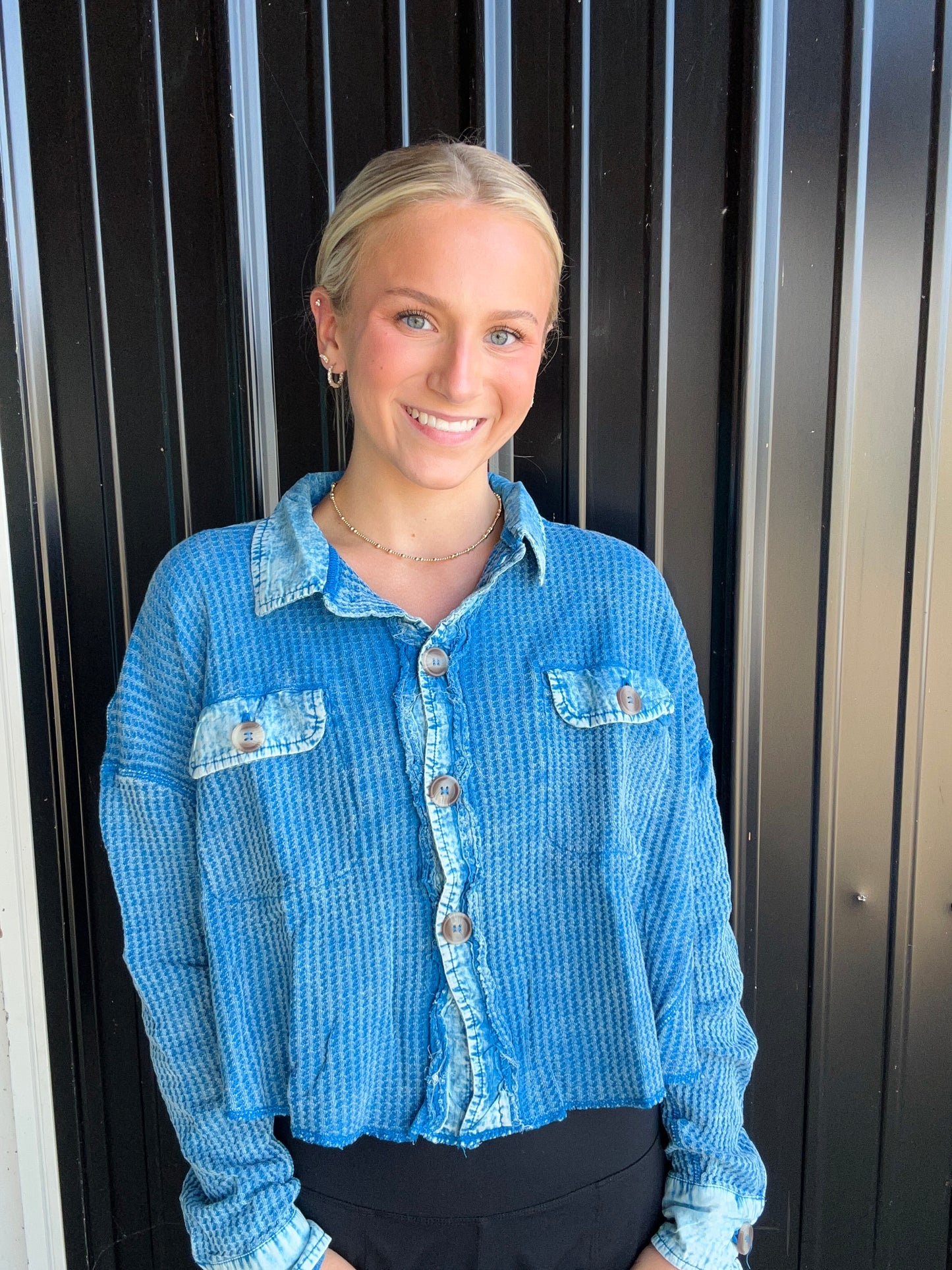 Blue Cropped Waffle Button Up