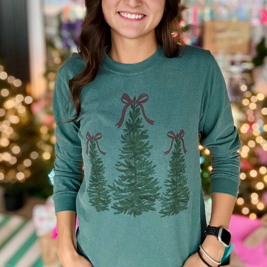 Christmas Trees and Bows Long Sleeve Comfort Colors Tee