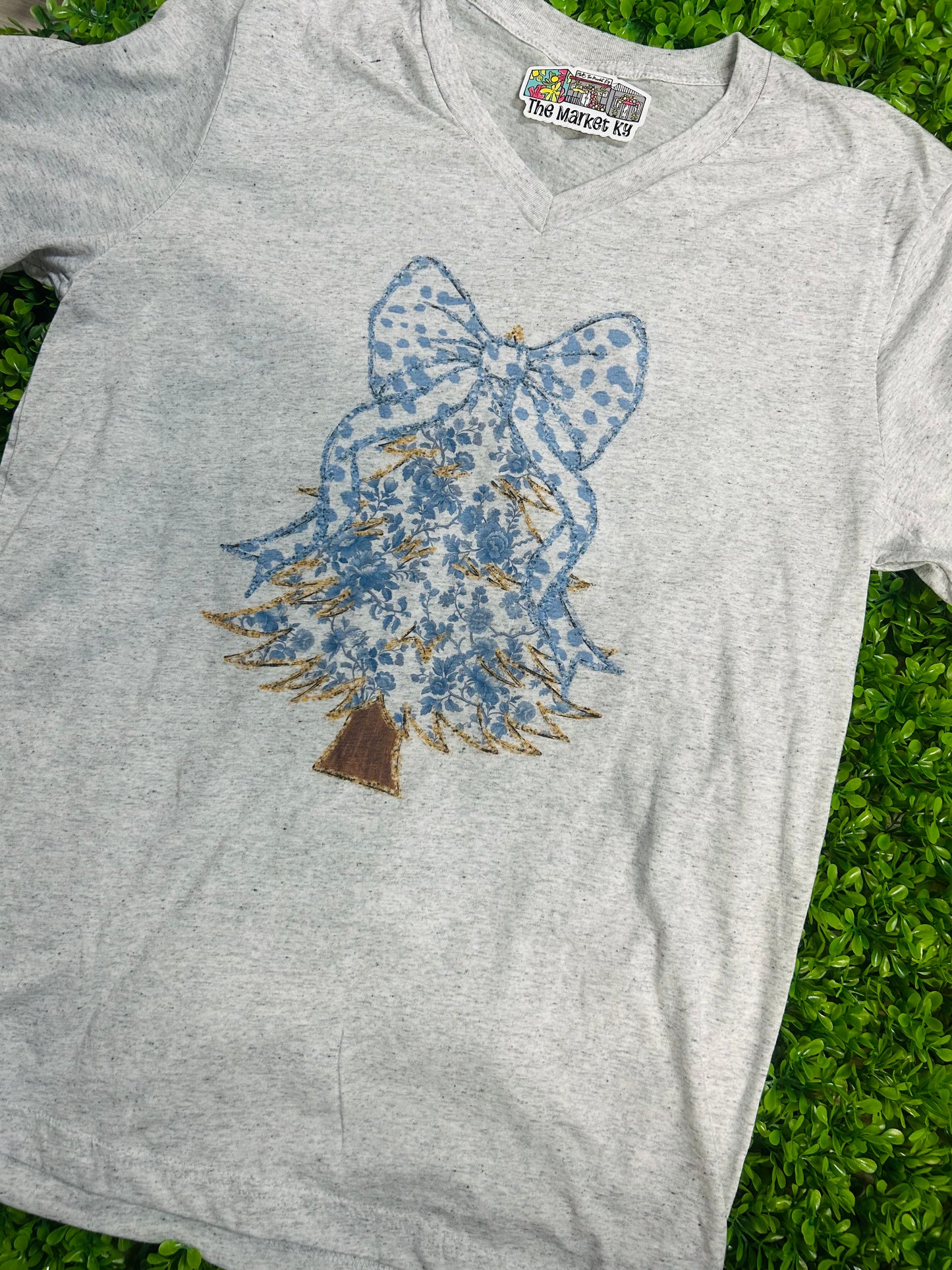 Blue & Gold Coquette Christmas Tree V-Neck Tee