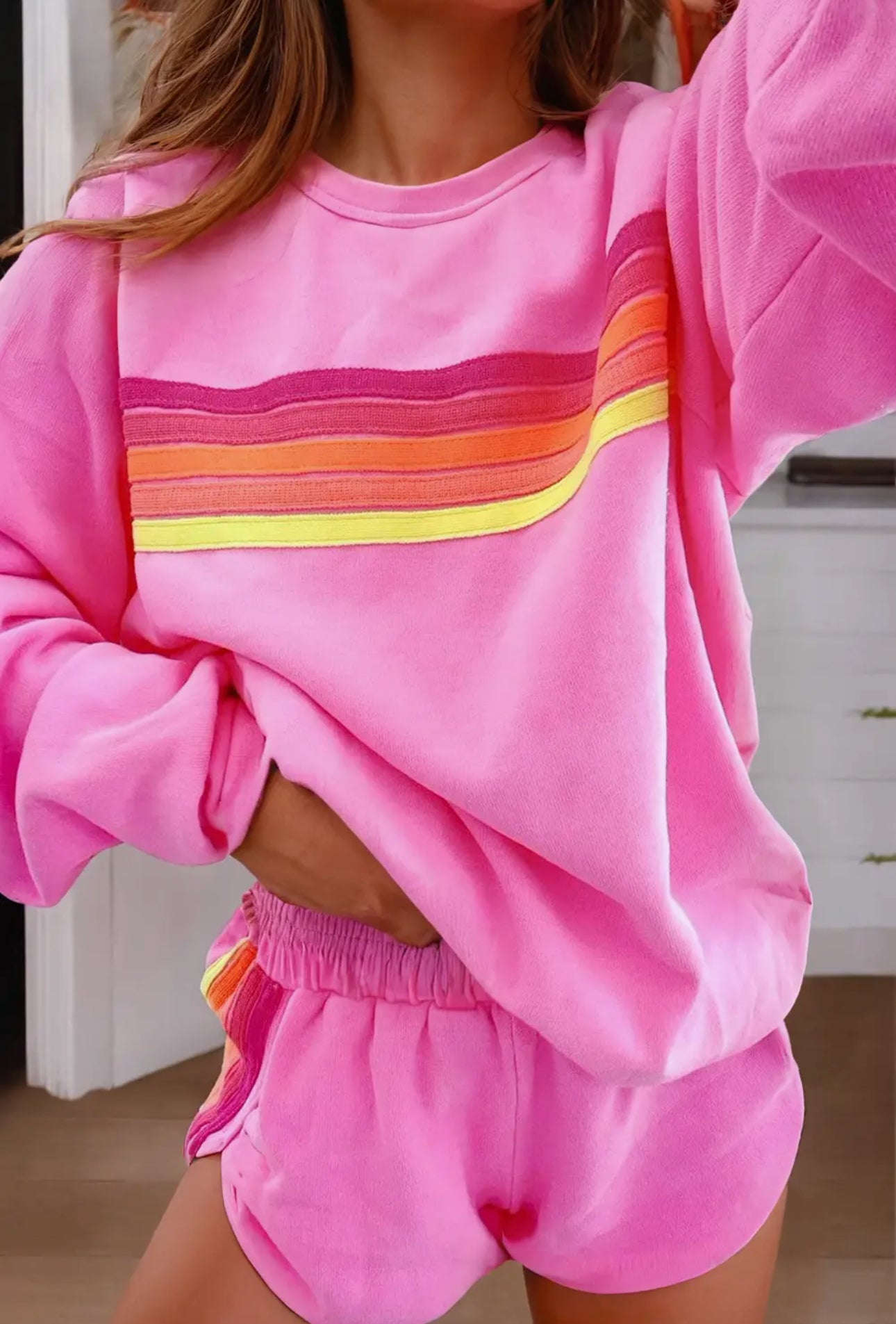 Pink Colorful Striped Short Set