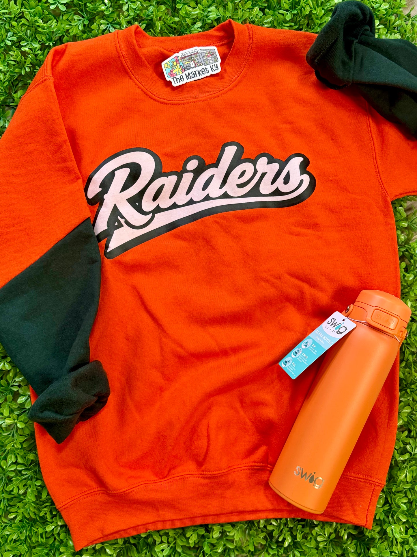 Orange With Green Sleeve Raiders Crewneck Sweatshirt