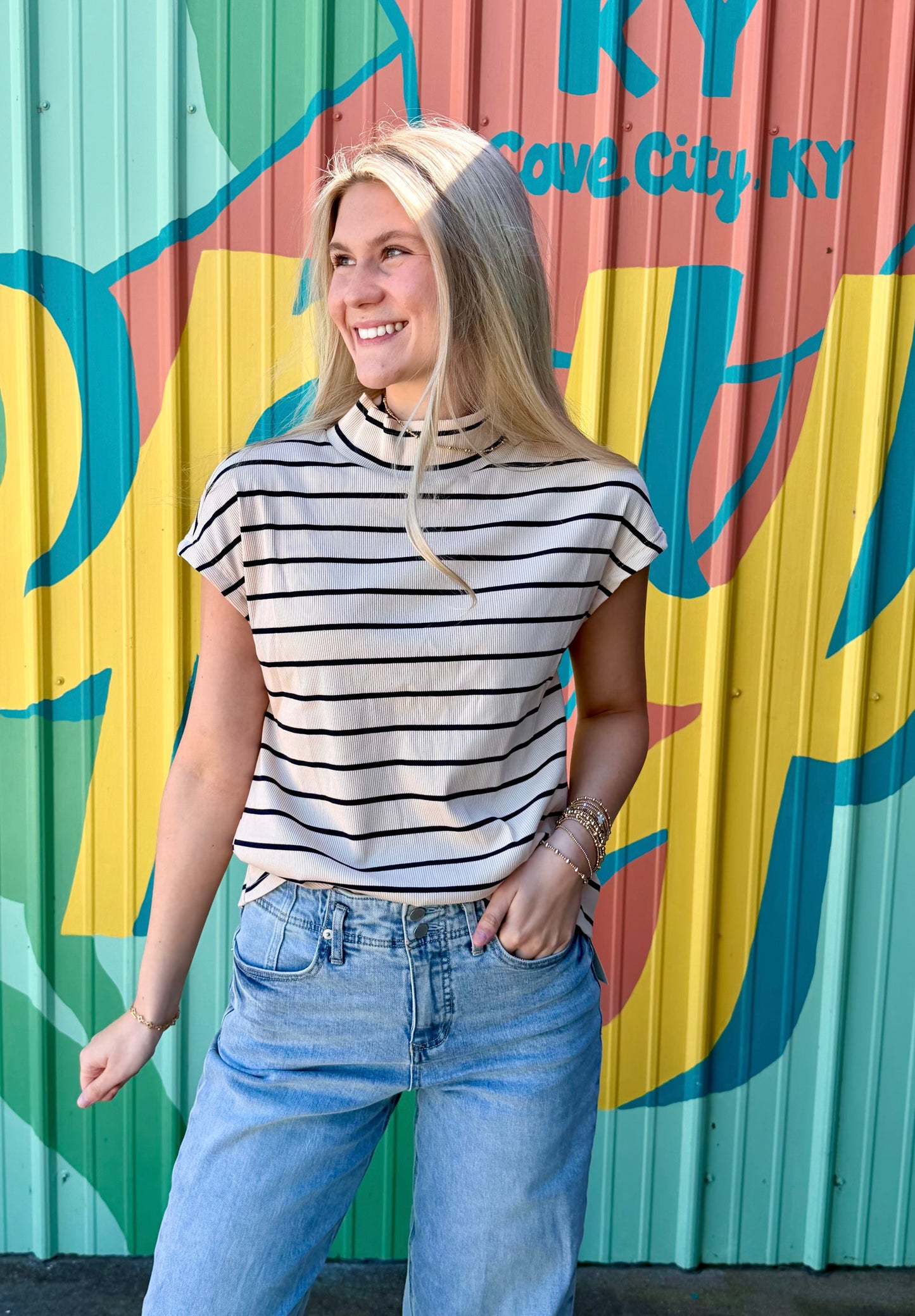 Striped Mock Neck Short-Sleeve Top : Khaki Stripe