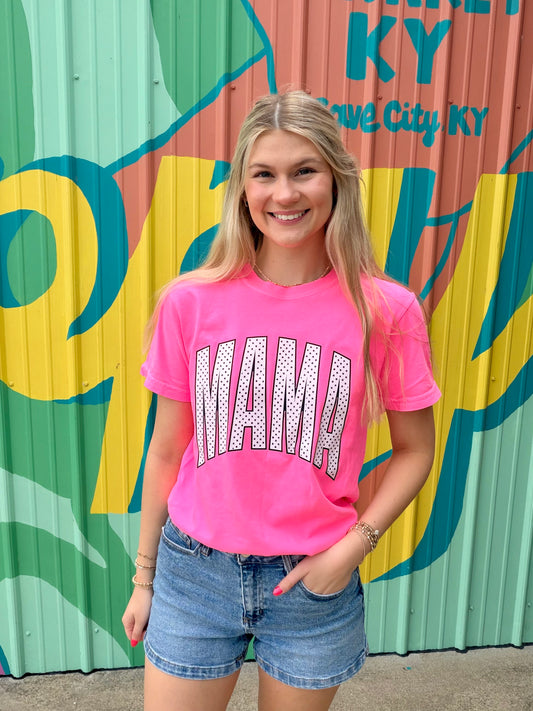 Polka Dot Mama Comfort Colors Tee - Neon Pink